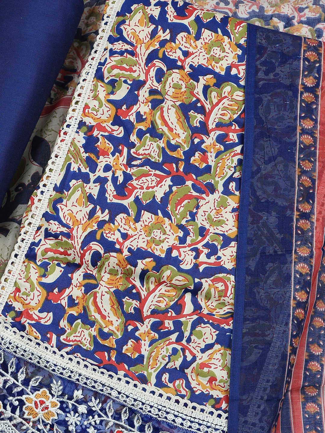 Navy Blue Cotton Blend Printed Unstitched Dress Material