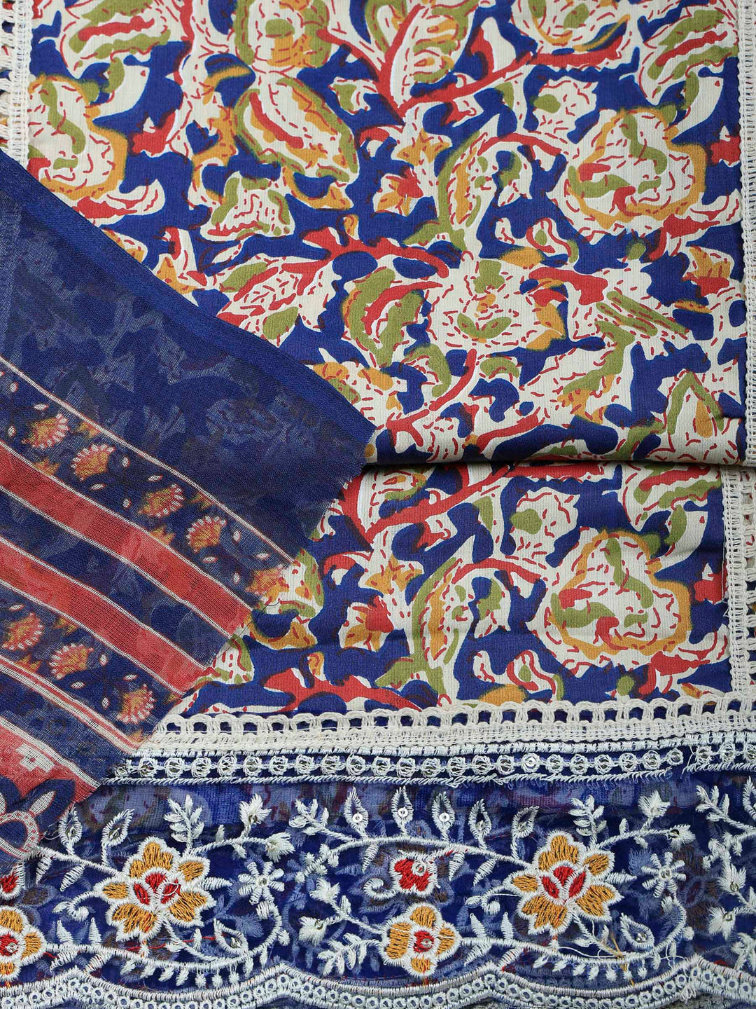 Navy Blue Cotton Blend Printed Unstitched Dress Material