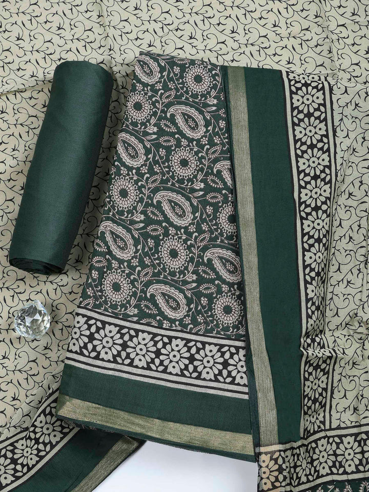 Green Cotton Blend Printed Unstitched Dress Material