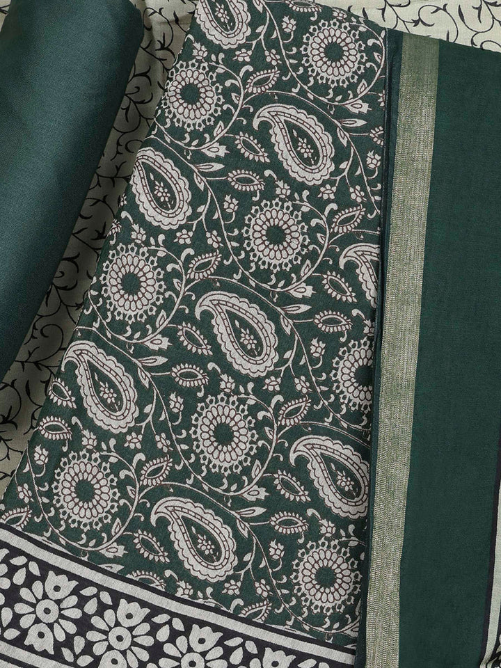 Green Cotton Blend Printed Unstitched Dress Material