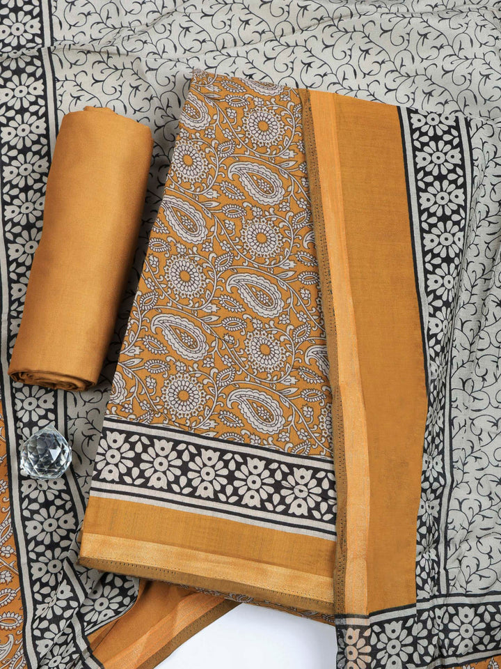 Mustard Cotton Blend Printed Unstitched Dress Material