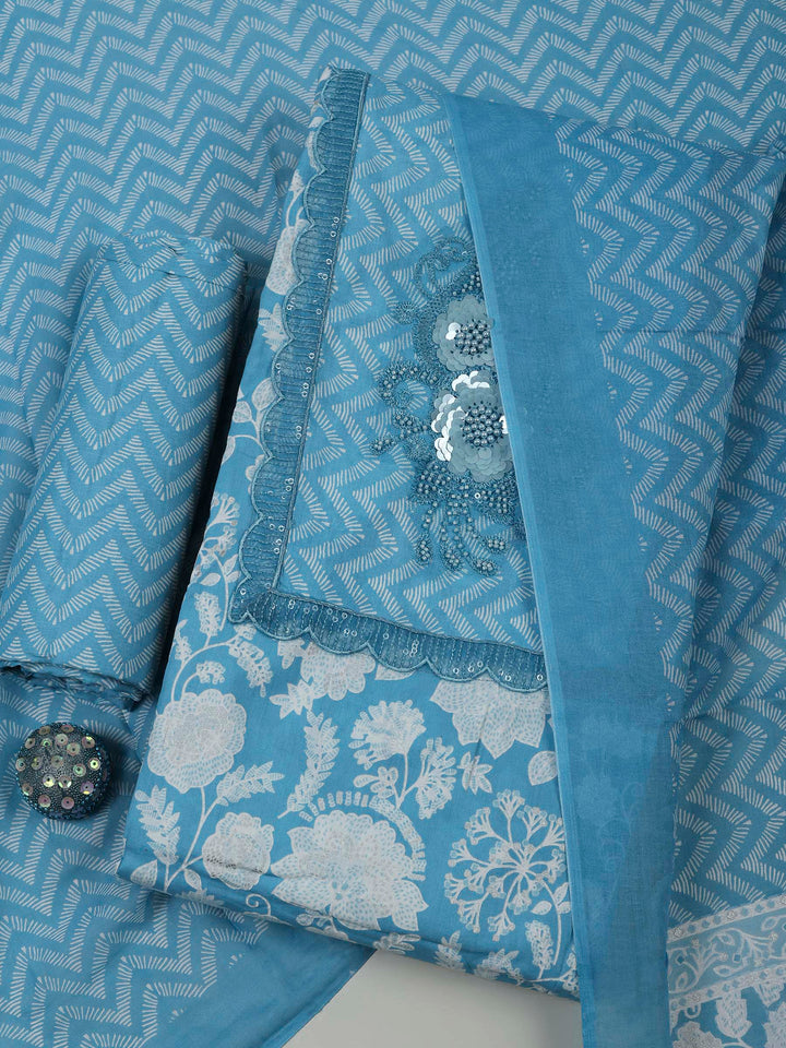 Blue Cotton Blend Printed Unstitched Dress Material