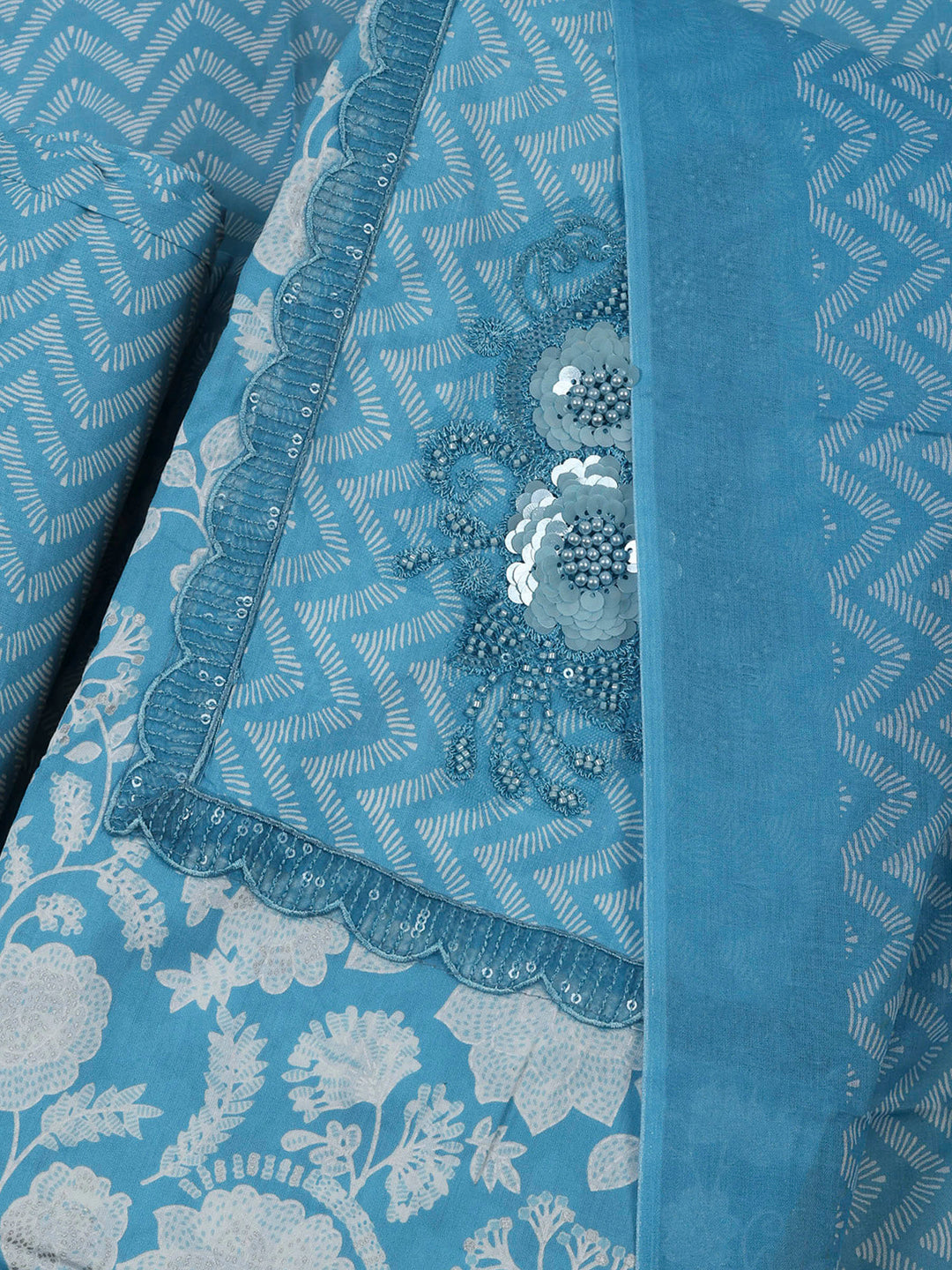 Blue Cotton Blend Printed Unstitched Dress Material