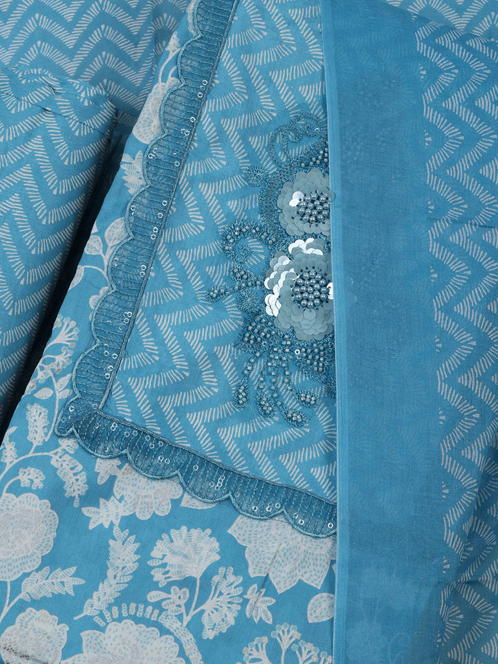 Blue Cotton Blend Printed Unstitched Dress Material