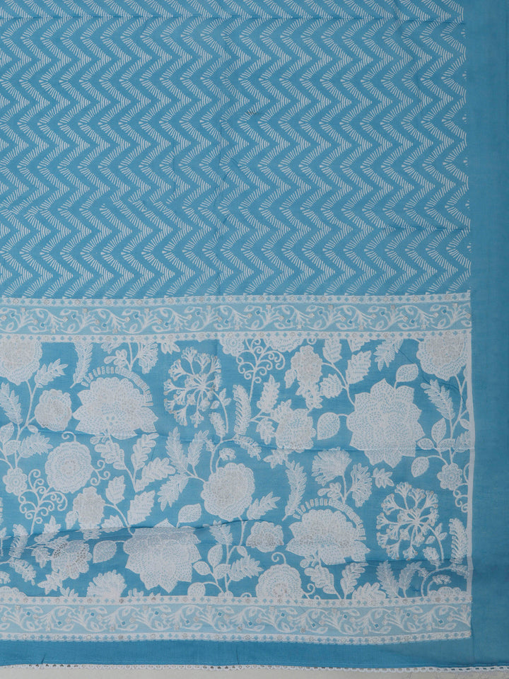 Blue Cotton Blend Printed Unstitched Dress Material