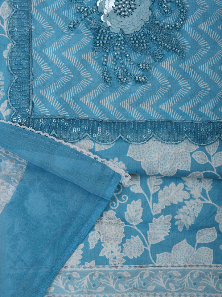 Blue Cotton Blend Printed Unstitched Dress Material