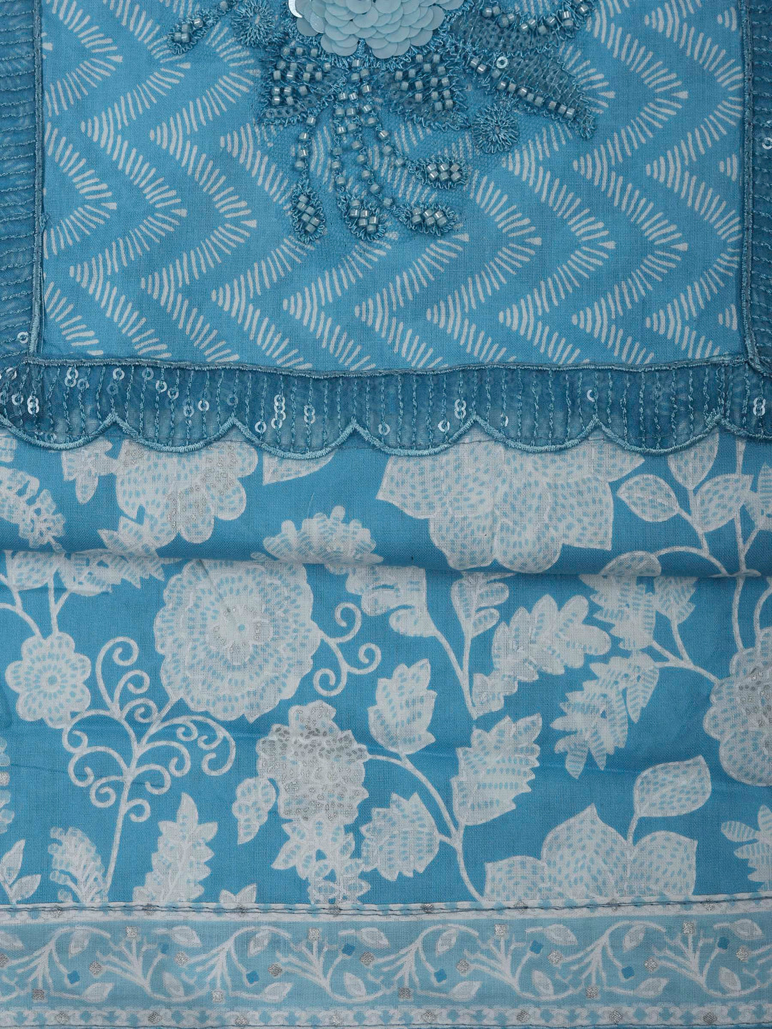 Blue Cotton Blend Printed Unstitched Dress Material