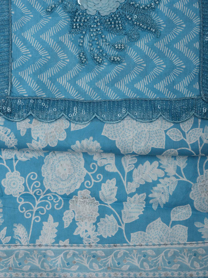 Blue Cotton Blend Printed Unstitched Dress Material