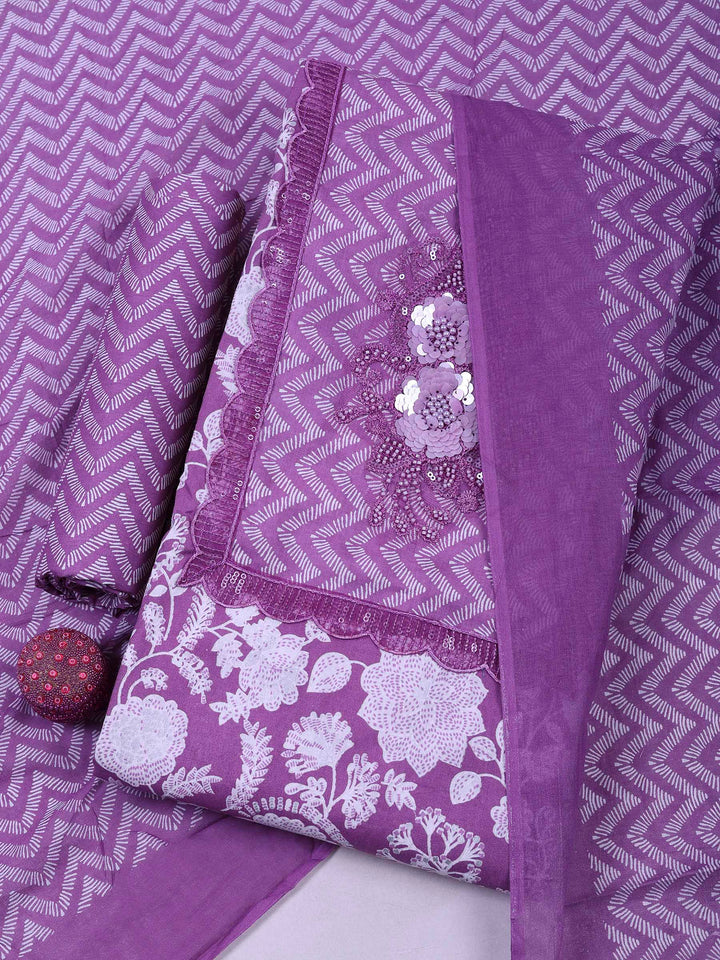 Lavender Cotton Blend Printed Unstitched Dress Material