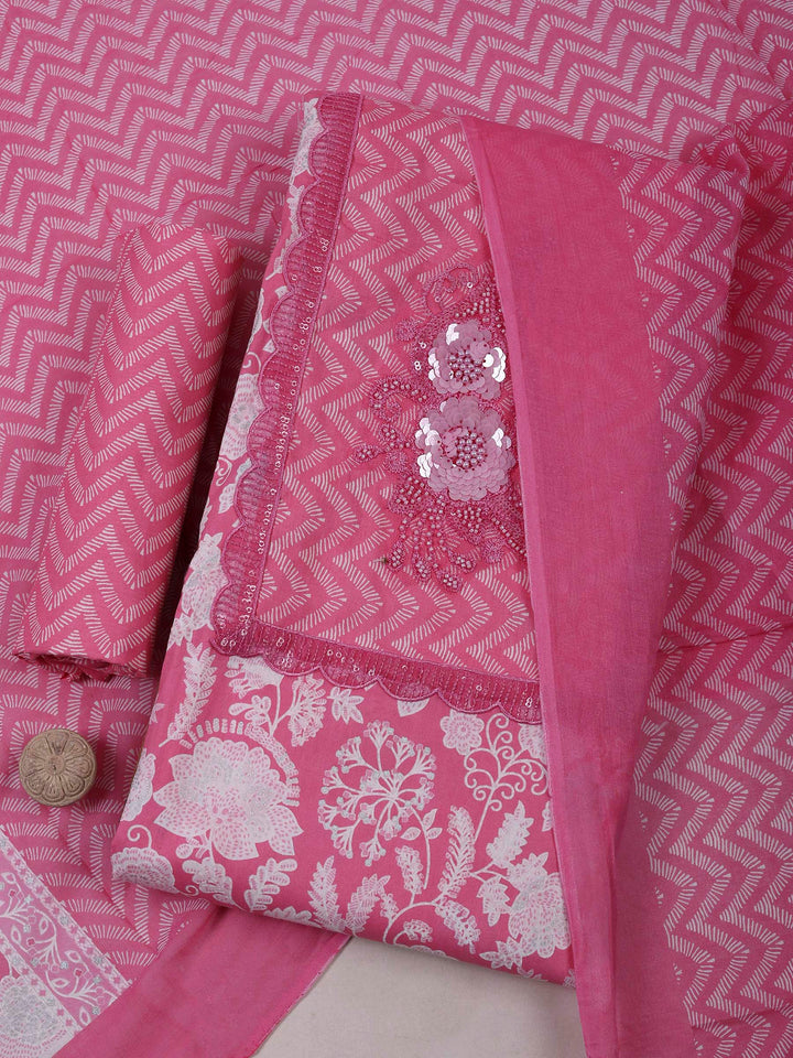 Pink Cotton Blend Printed Unstitched Dress Material