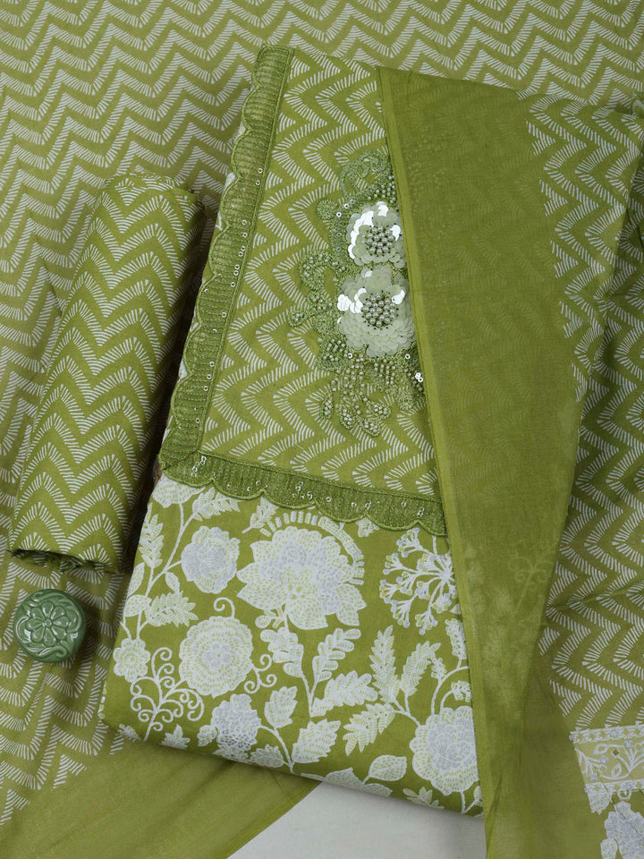 Pista Green Cotton Blend Printed Unstitched Dress Material