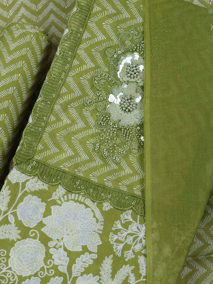 Pista Green Cotton Blend Printed Unstitched Dress Material
