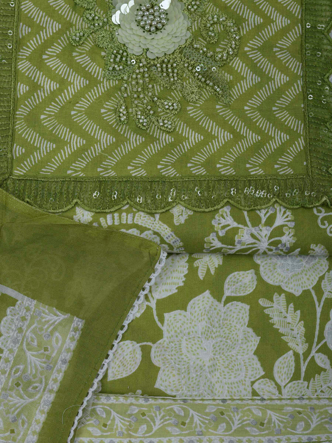 Pista Green Cotton Blend Printed Unstitched Dress Material