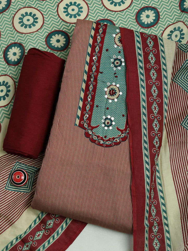 Red Cotton Blend Printed Unstitched Dress Material