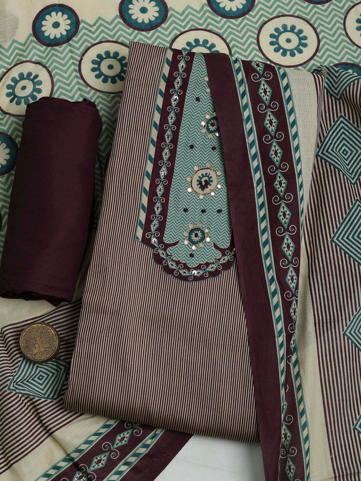 Wine Cotton Blend Printed Unstitched Dress Material