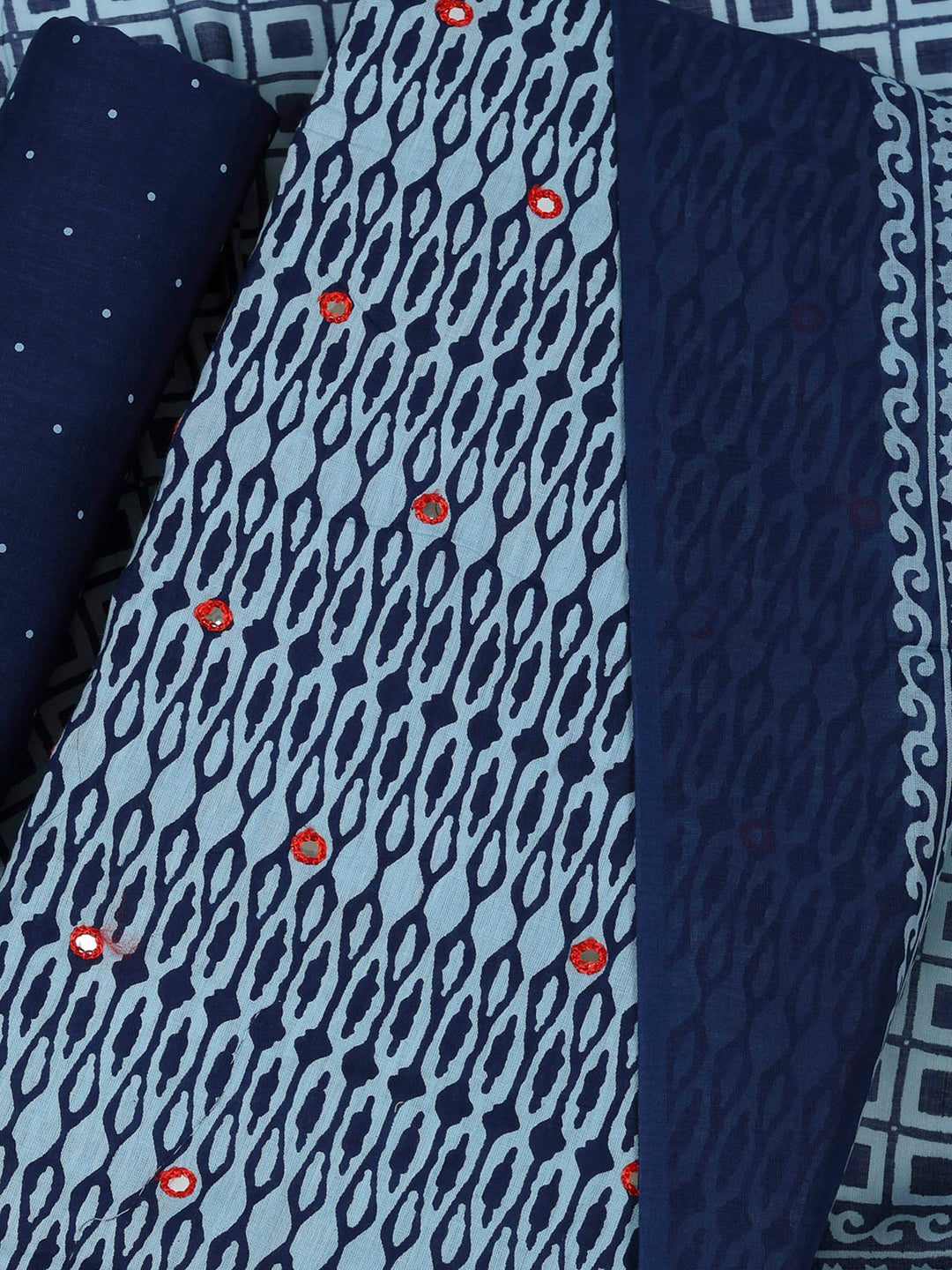 Blue Cotton Blend Printed Unstitched Dress Material