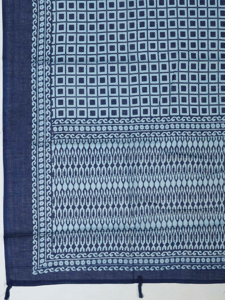 Blue Cotton Blend Printed Unstitched Dress Material