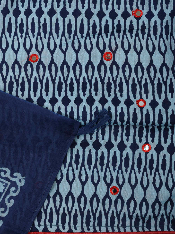 Blue Cotton Blend Printed Unstitched Dress Material