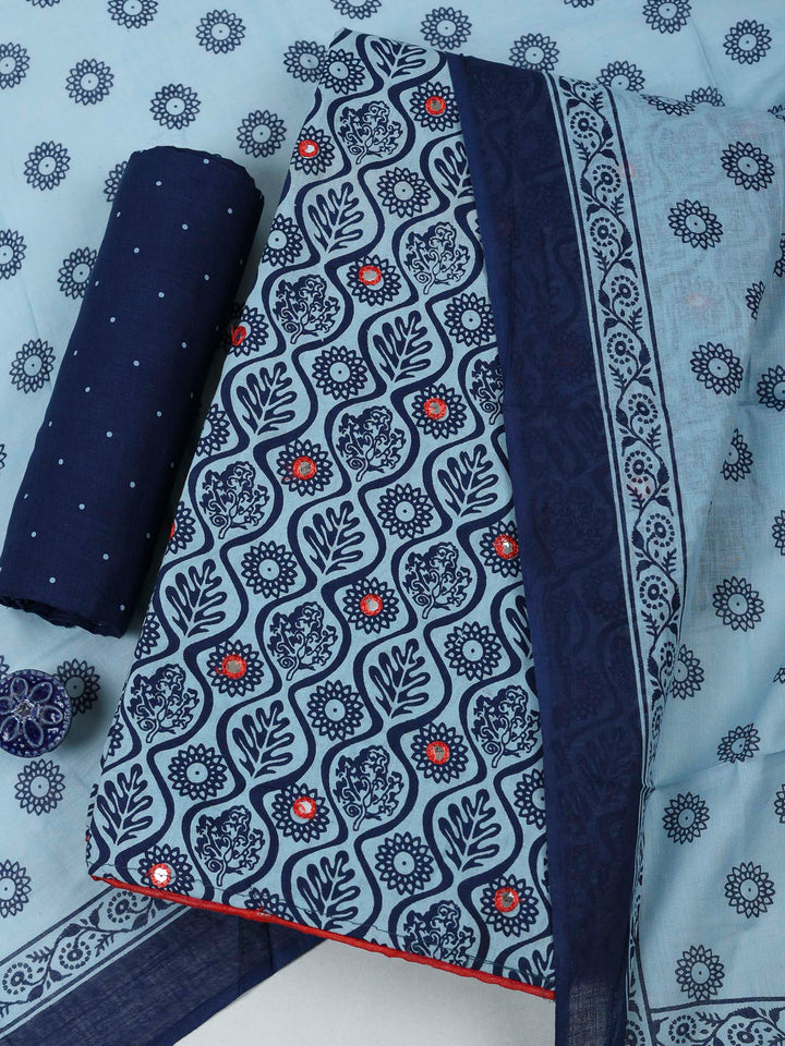 Blue Cotton Blend Printed Unstitched Dress Material