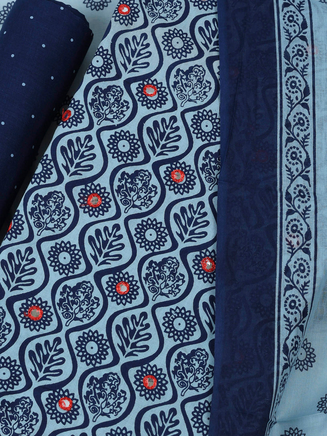 Blue Cotton Blend Printed Unstitched Dress Material