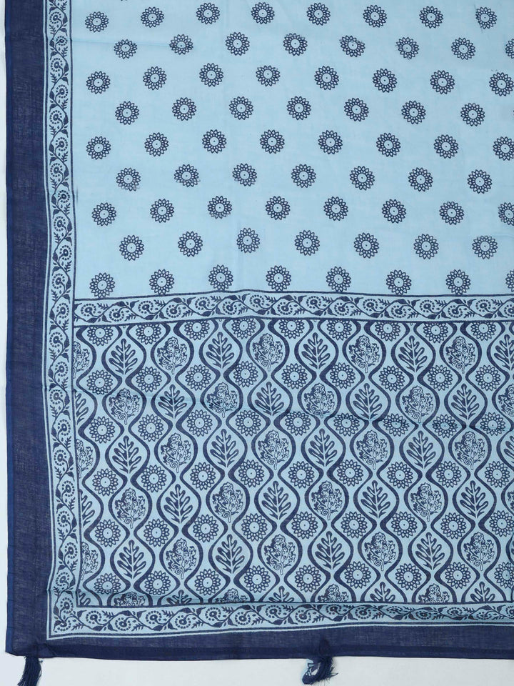 Blue Cotton Blend Printed Unstitched Dress Material