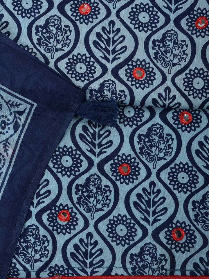 Blue Cotton Blend Printed Unstitched Dress Material