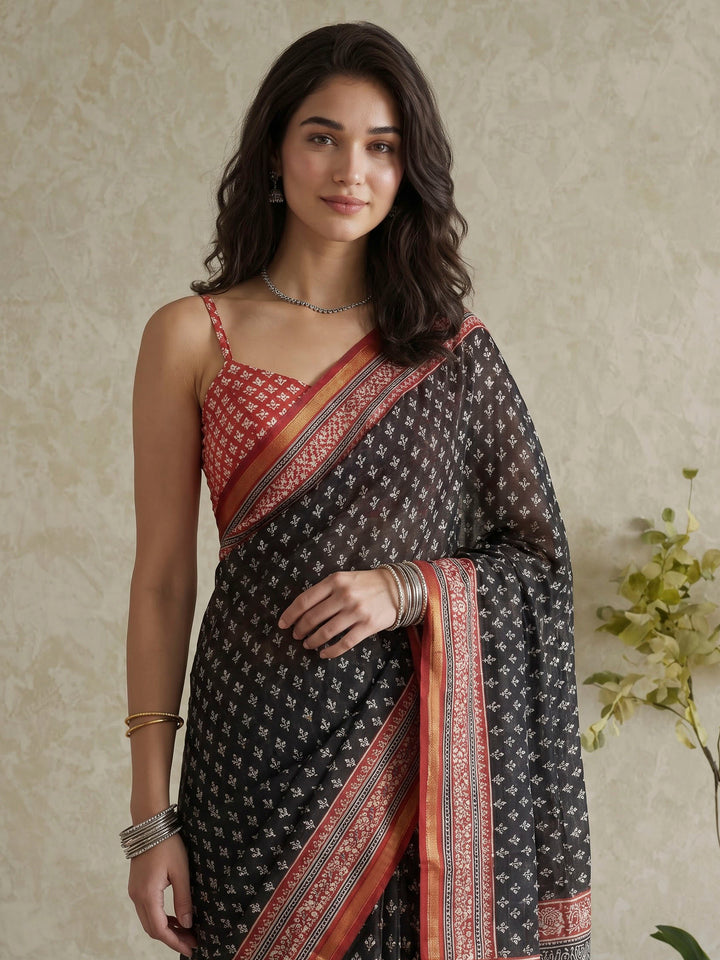 Black Cotton Blend Printed Saree