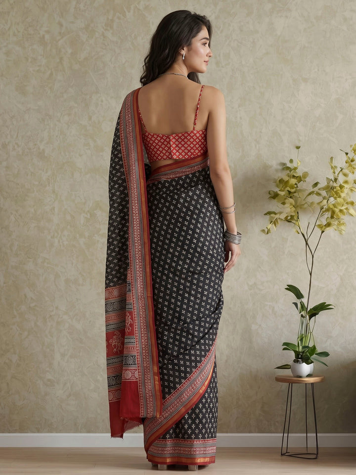 Black Cotton Blend Printed Saree