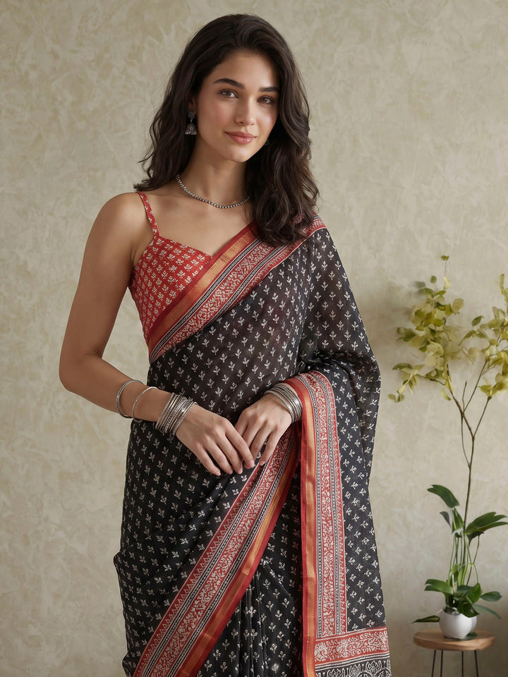 Black Cotton Blend Printed Saree
