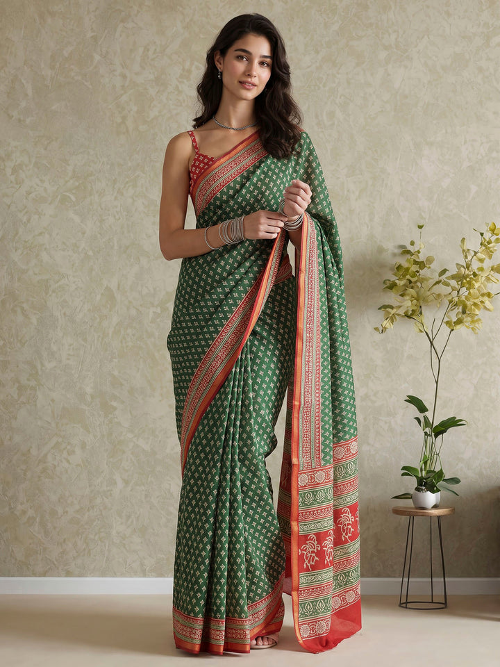 Green Cotton Blend Printed Saree
