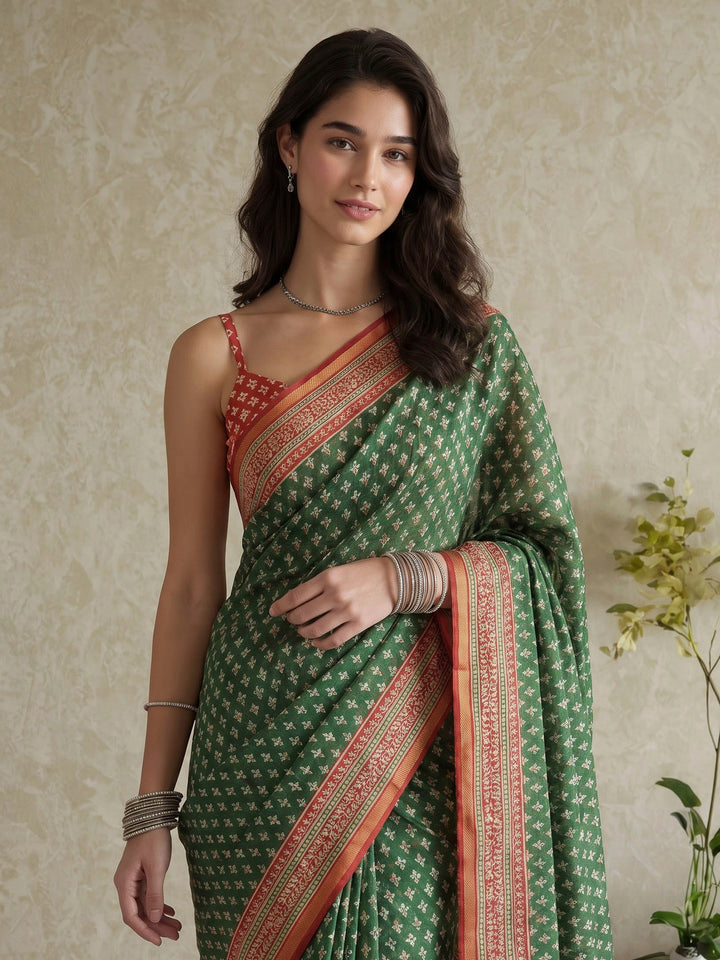Green Cotton Blend Printed Saree