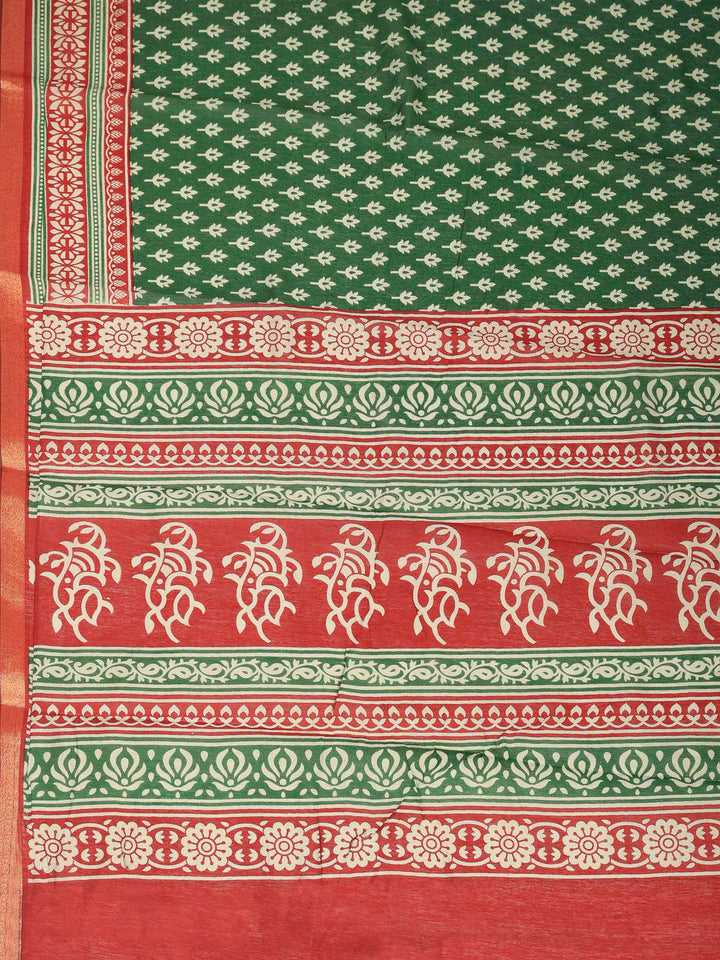 Green Cotton Blend Printed Saree