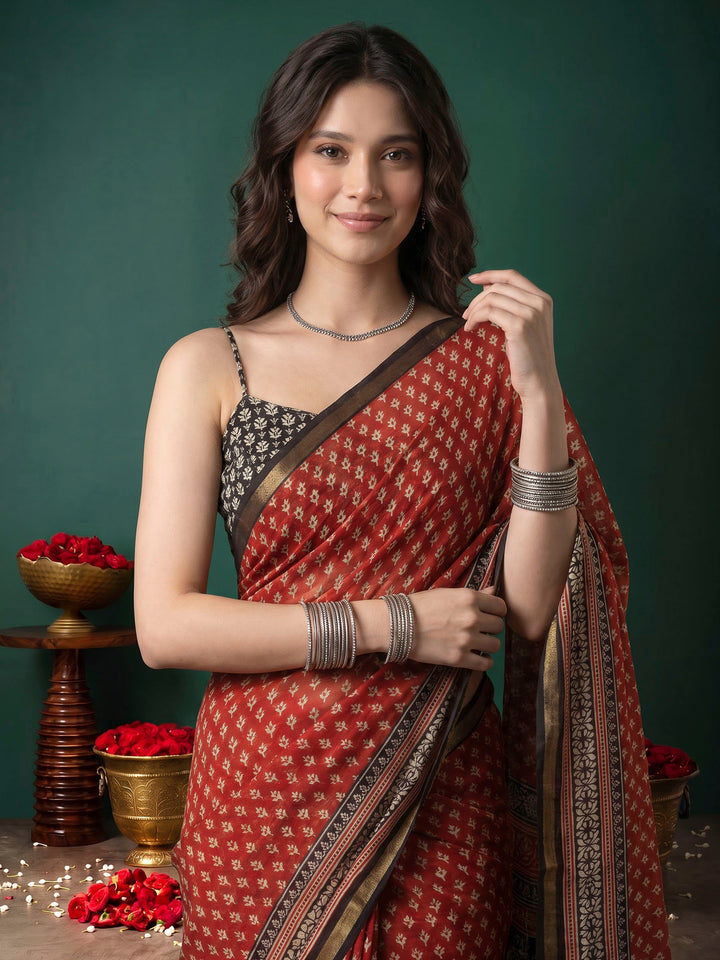 Maroon Cotton Blend Printed Saree