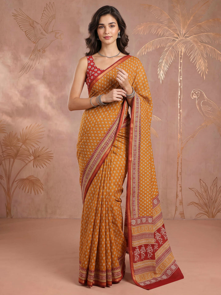 Mustard Cotton Blend Printed Saree
