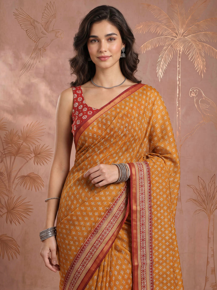 Mustard Cotton Blend Printed Saree