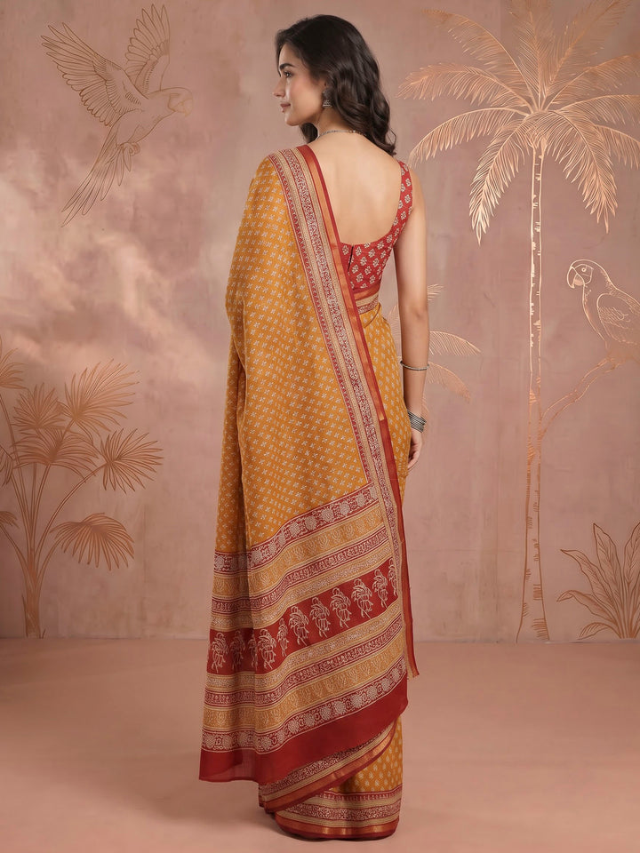 Mustard Cotton Blend Printed Saree