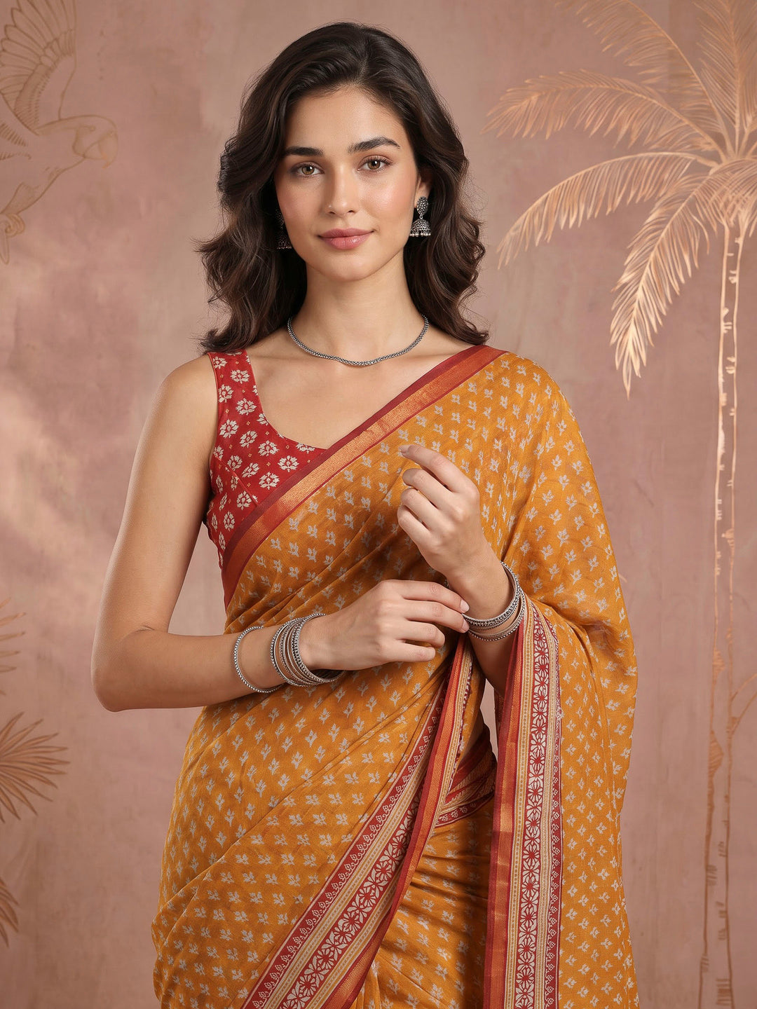 Mustard Cotton Blend Printed Saree