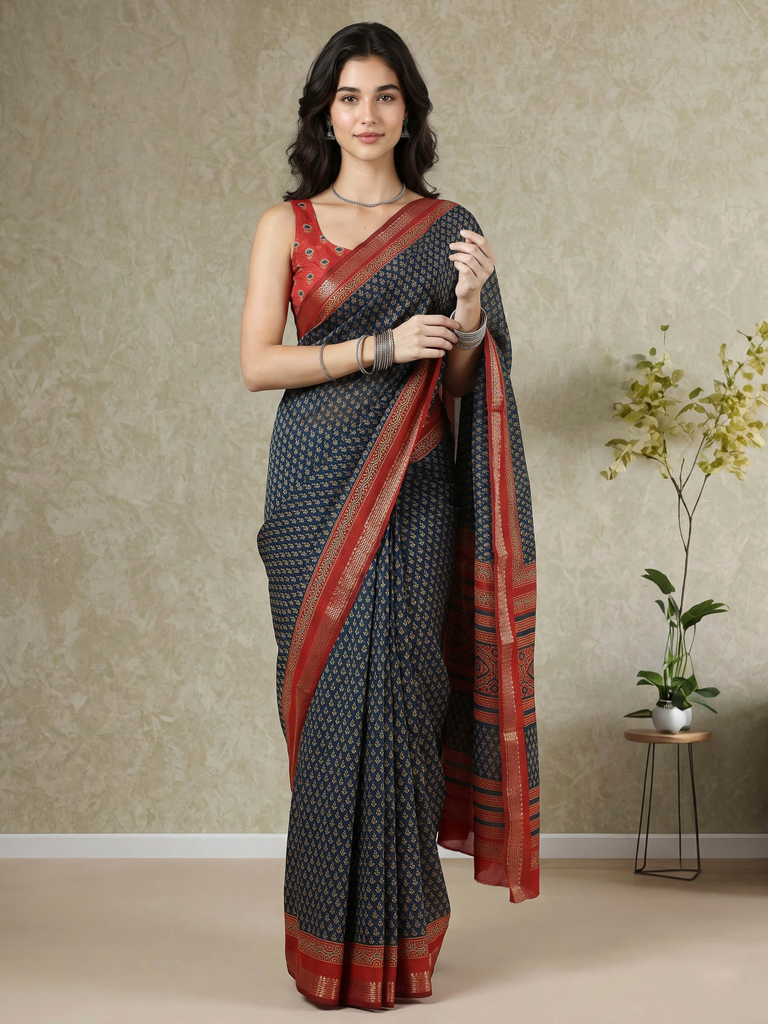 Blue Cotton Blend Printed Saree