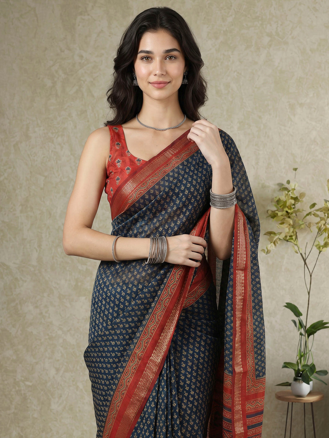 Blue Cotton Blend Printed Saree