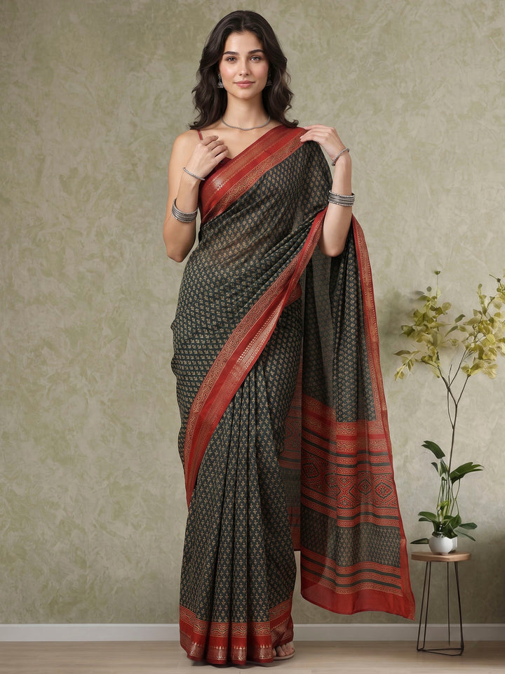Green Cotton Blend Printed Saree