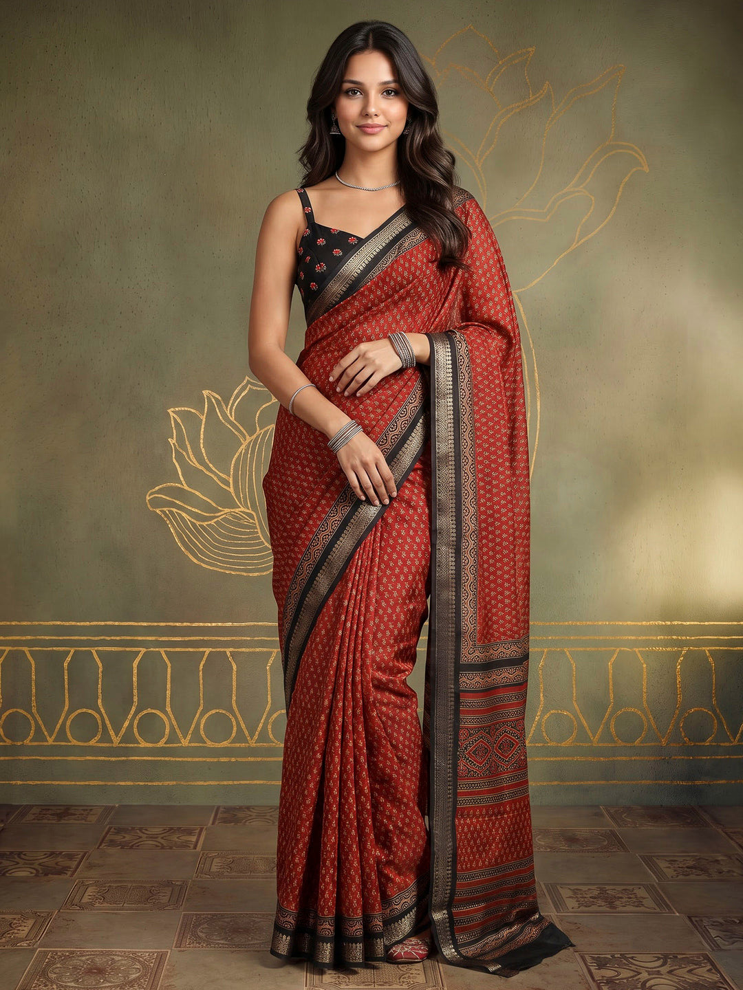 Maroon Cotton Blend Printed Saree