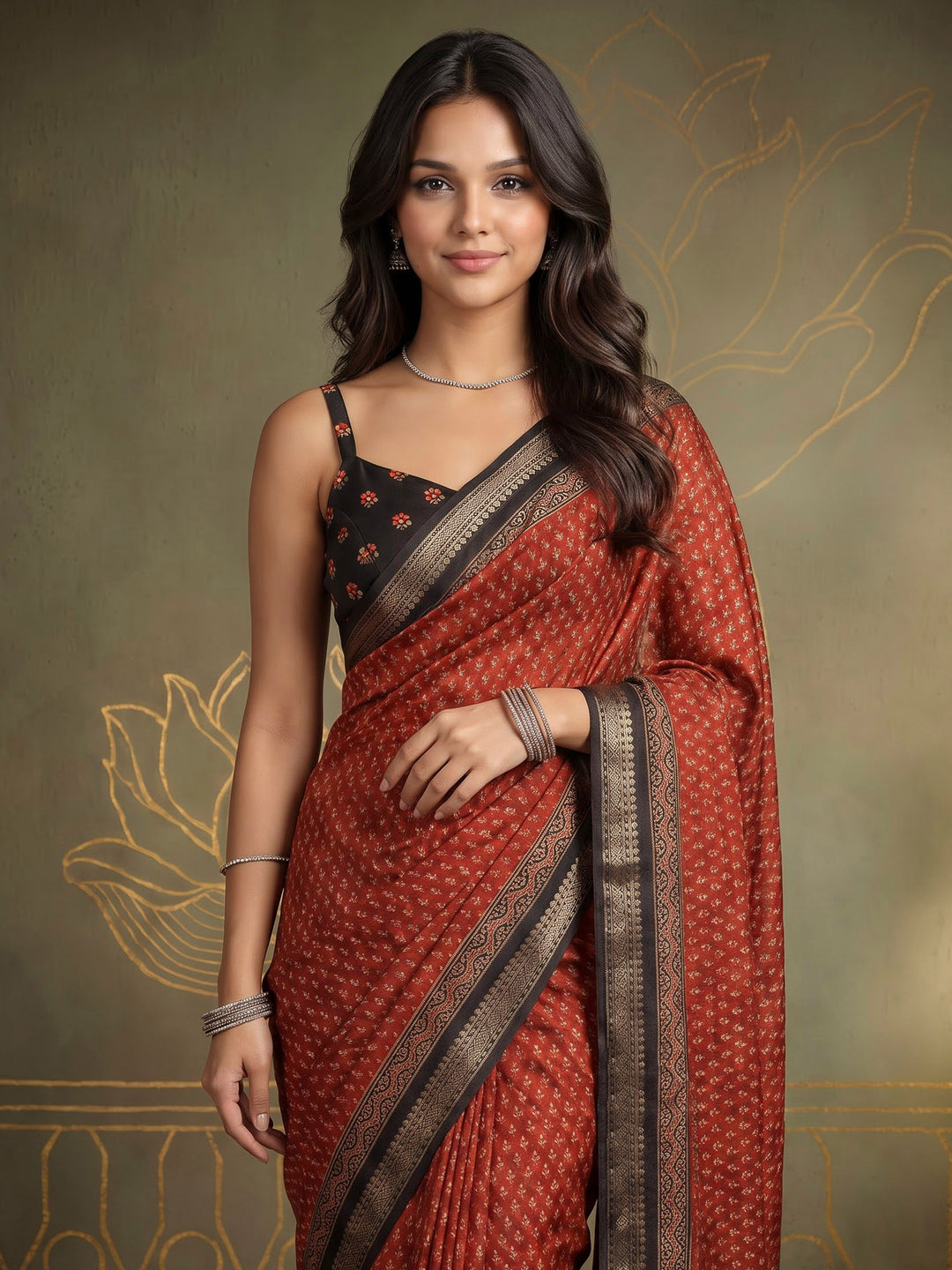 Maroon Cotton Blend Printed Saree