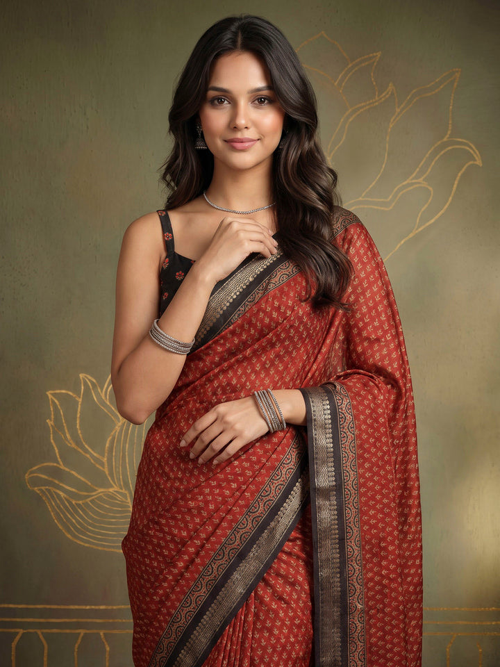 Maroon Cotton Blend Printed Saree