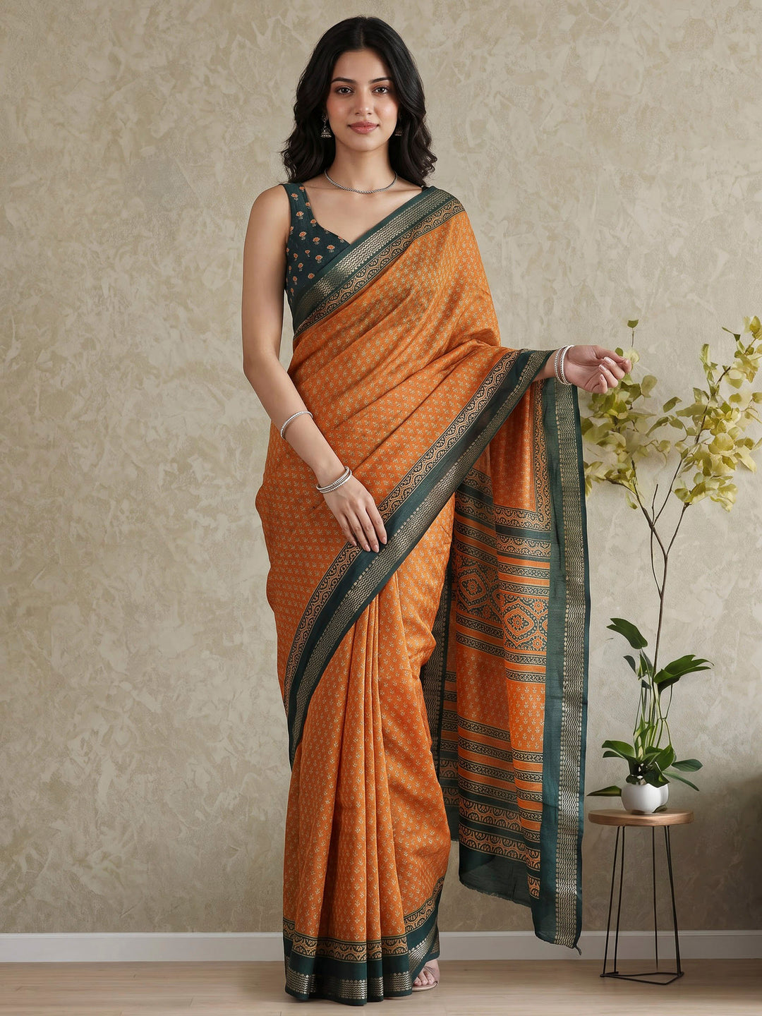 Mustard Cotton Blend Printed Saree