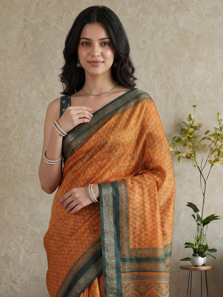 Mustard Cotton Blend Printed Saree