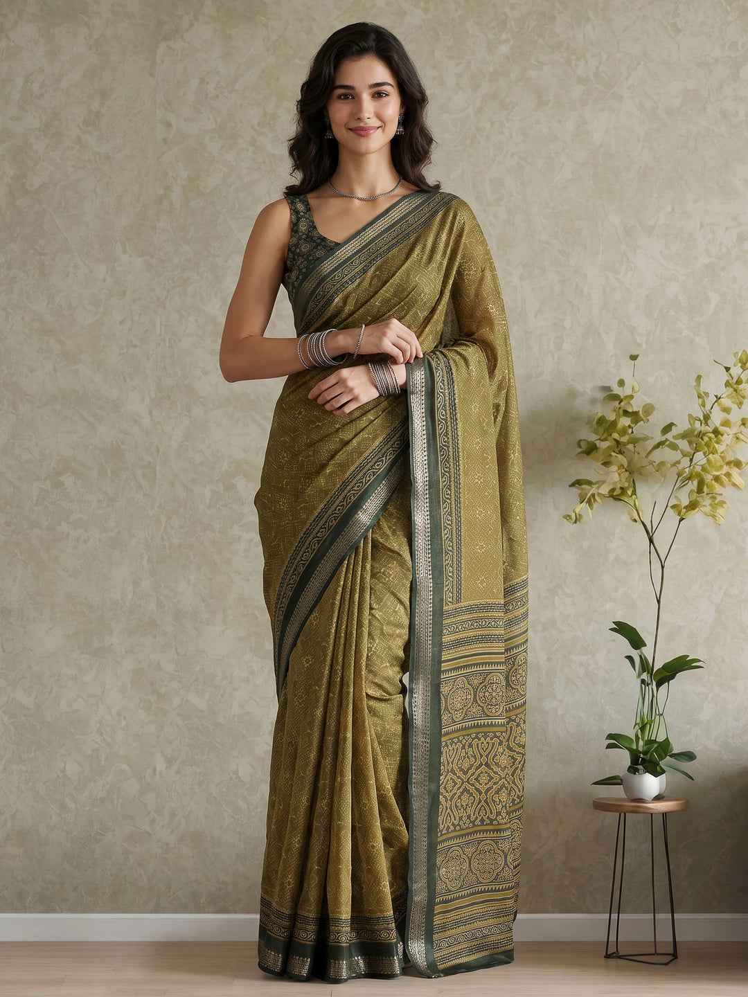 Green Cotton Blend Printed Saree
