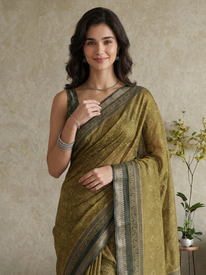 Green Cotton Blend Printed Saree