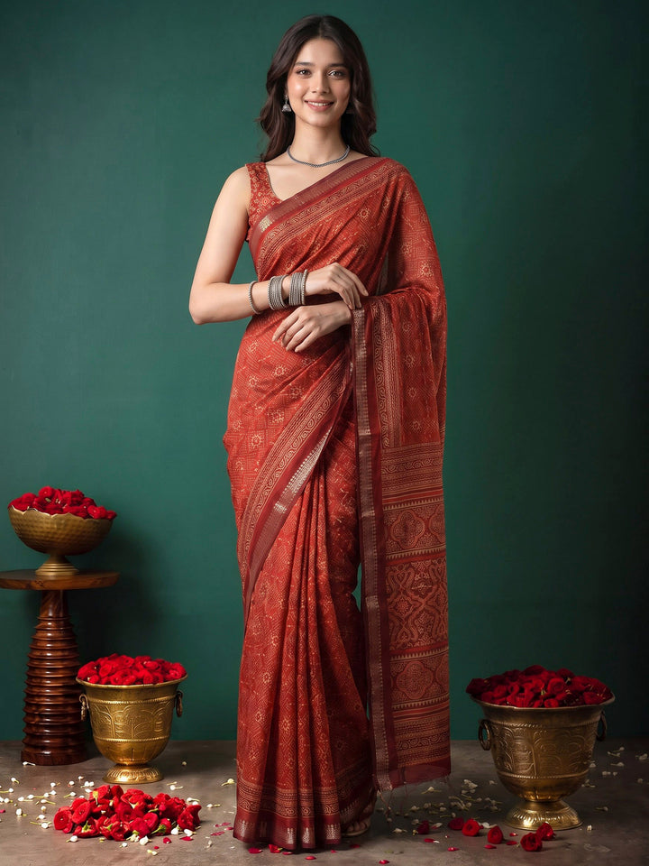 Maroon Cotton Blend Printed Saree