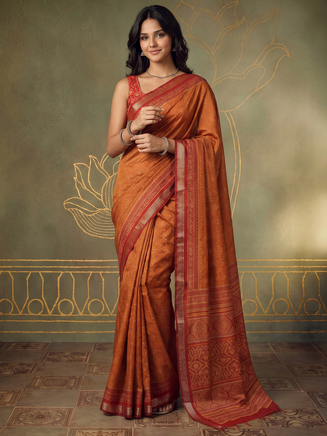 Rust Cotton Blend Printed Saree