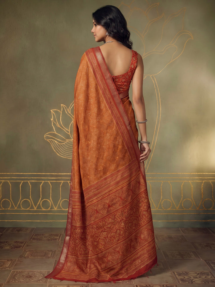 Rust Cotton Blend Printed Saree